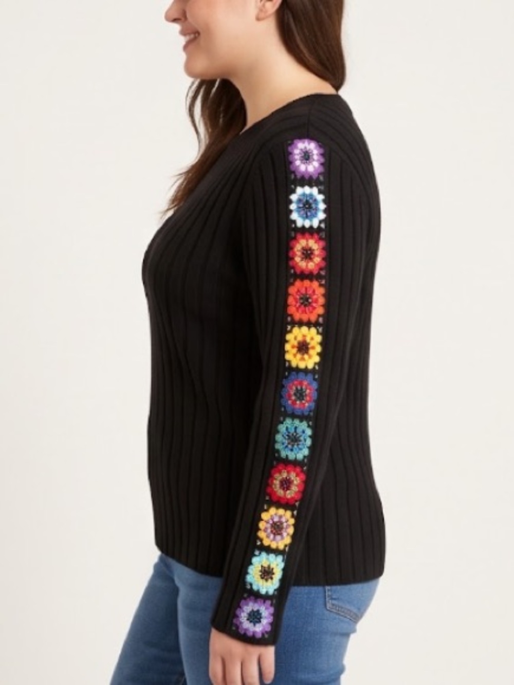 Black Crewneck Ribbed Sweater with Rainbow Crochet Flower Sleeves - Unbranded